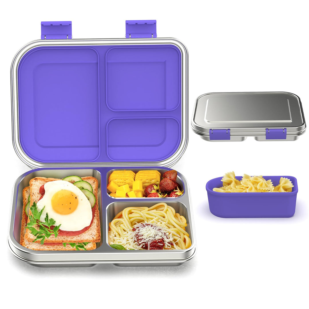 Edelstahl Brotdose Lunchbox Kinder, Metal Bento Lunch Box Auslaufsicher,3 Fächern mit Silikonbehälte