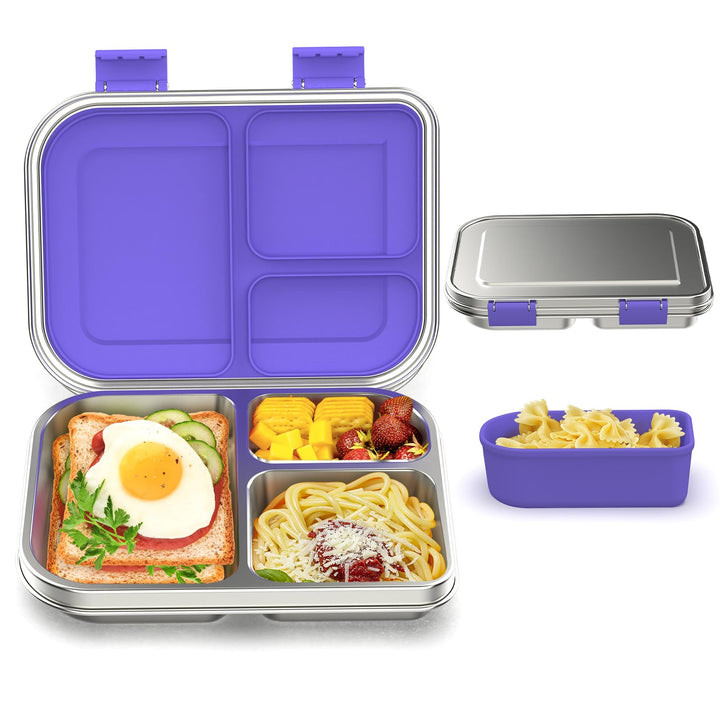 Edelstahl Brotdose Lunchbox Kinder, Metal Bento Lunch Box Auslaufsicher,3 Fächern mit Silikonbehälte