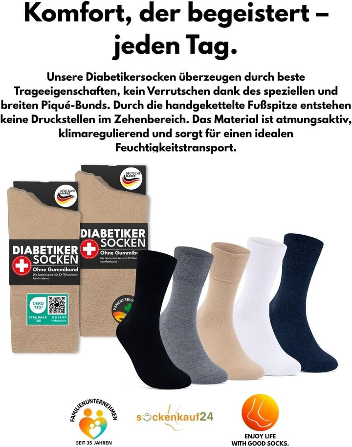 sockenkauf24 Diabetikersocken ohne Gummi & ohne Naht 97% Baumwolle (6 Paar) Diabetiker Socken mit Ko
