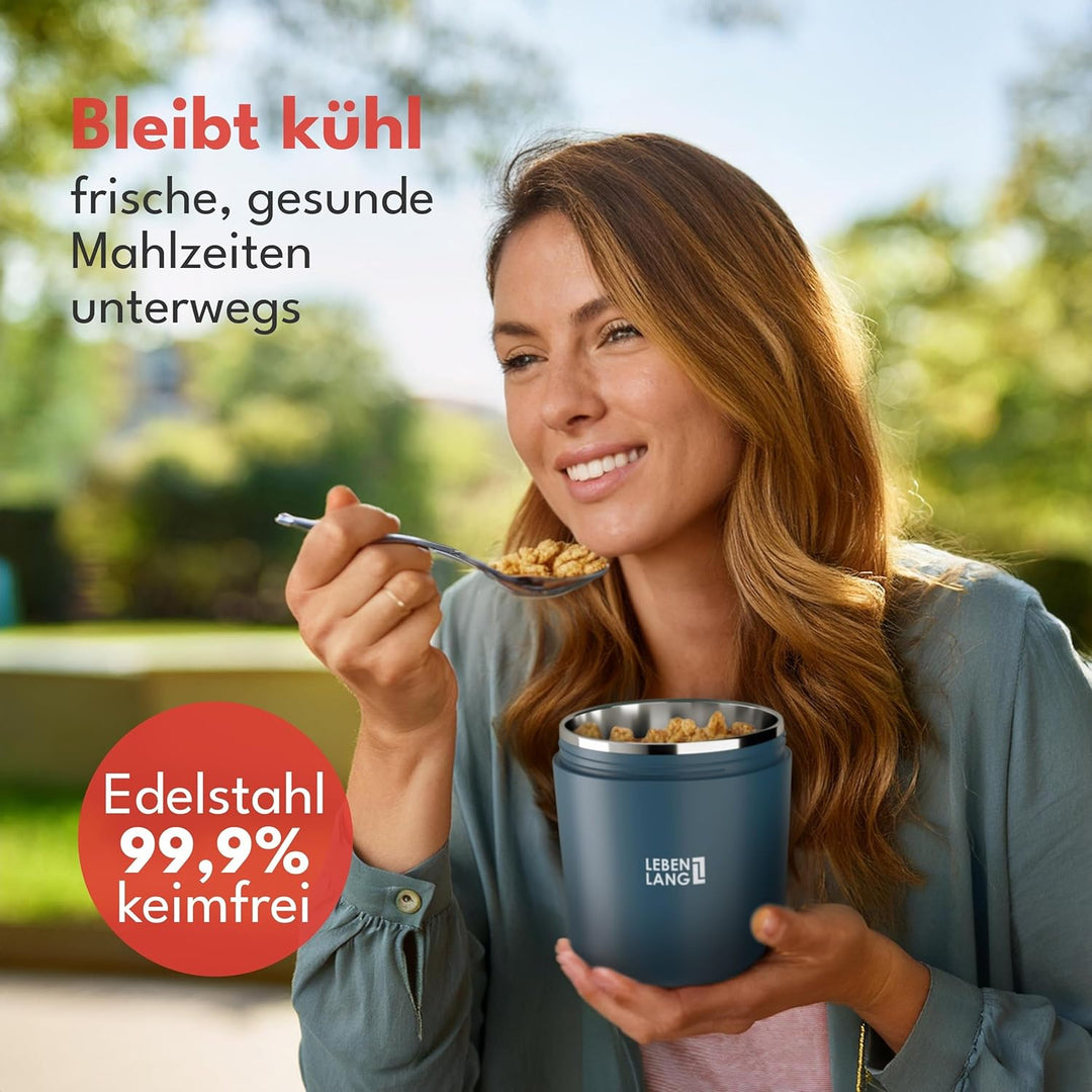 LEBENLANG Müslibecher To Go mit Löffel - Isolierende Edelstahlinnenwand & 650ml I Joghurtbecher to g