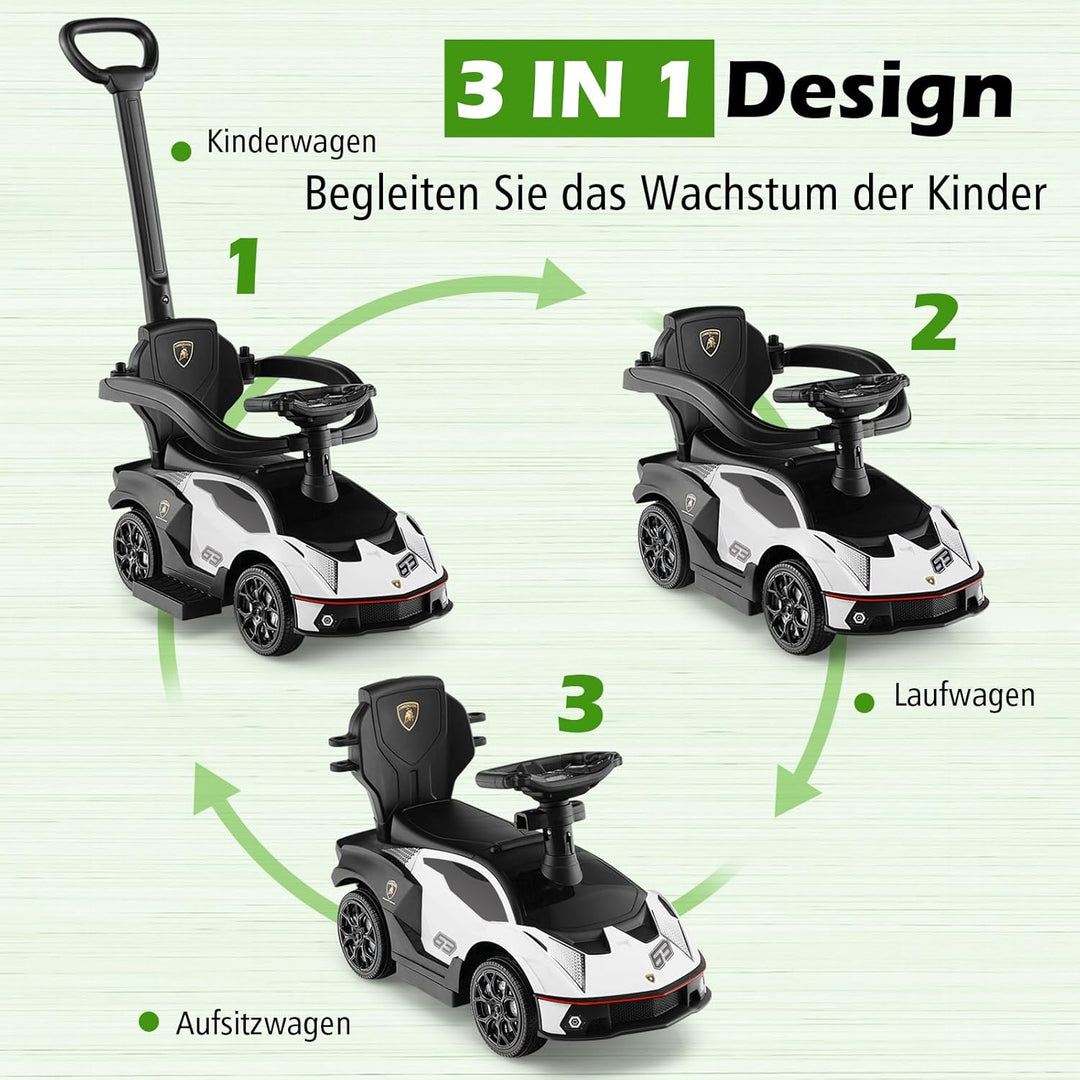 COSTWAY Rutschauto Lamborghini, Rutschfahrzeug mit Schiebstange & Stauraum, Schiebeauto mit Lenkrad