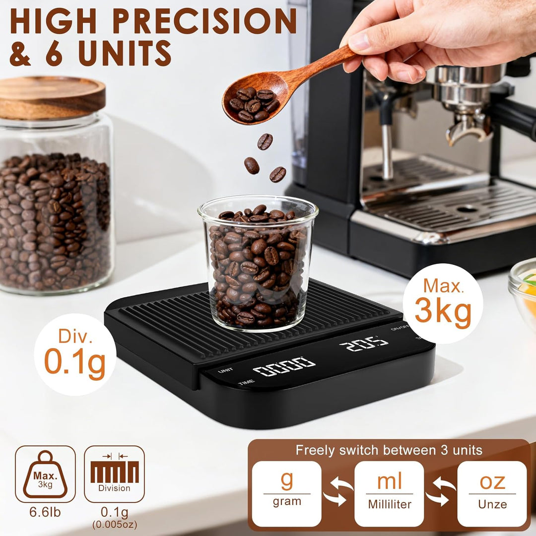 Espresso Waage Mit Timer, 3kg/0,1g Tragbare Digitale Feinwaage Kaffee, USB Wiederaufladbare Espresso
