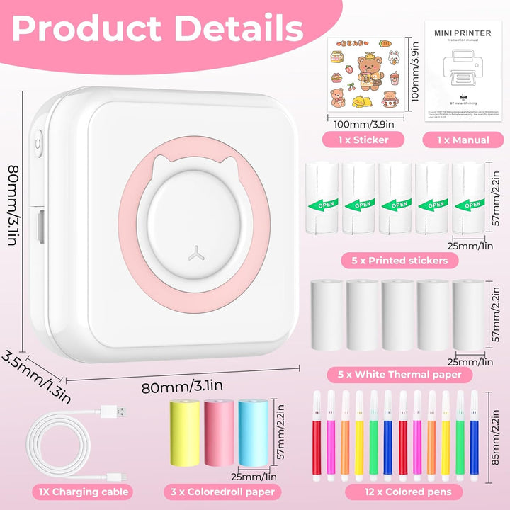 Mini Drucker, Wireless Fotodrucker Thermodrucker, Tragbarer Mini Fotodrucker, Smartphone Bluetooth D
