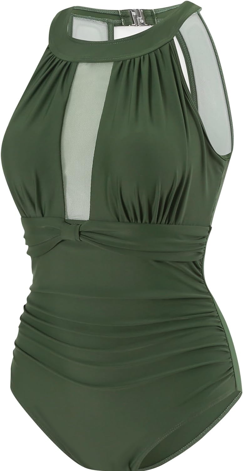 Damen Schlankheits Badeanzug Raffung Einteiler High Neck Bademode Strandmode M Grün, M Gr&amp;
