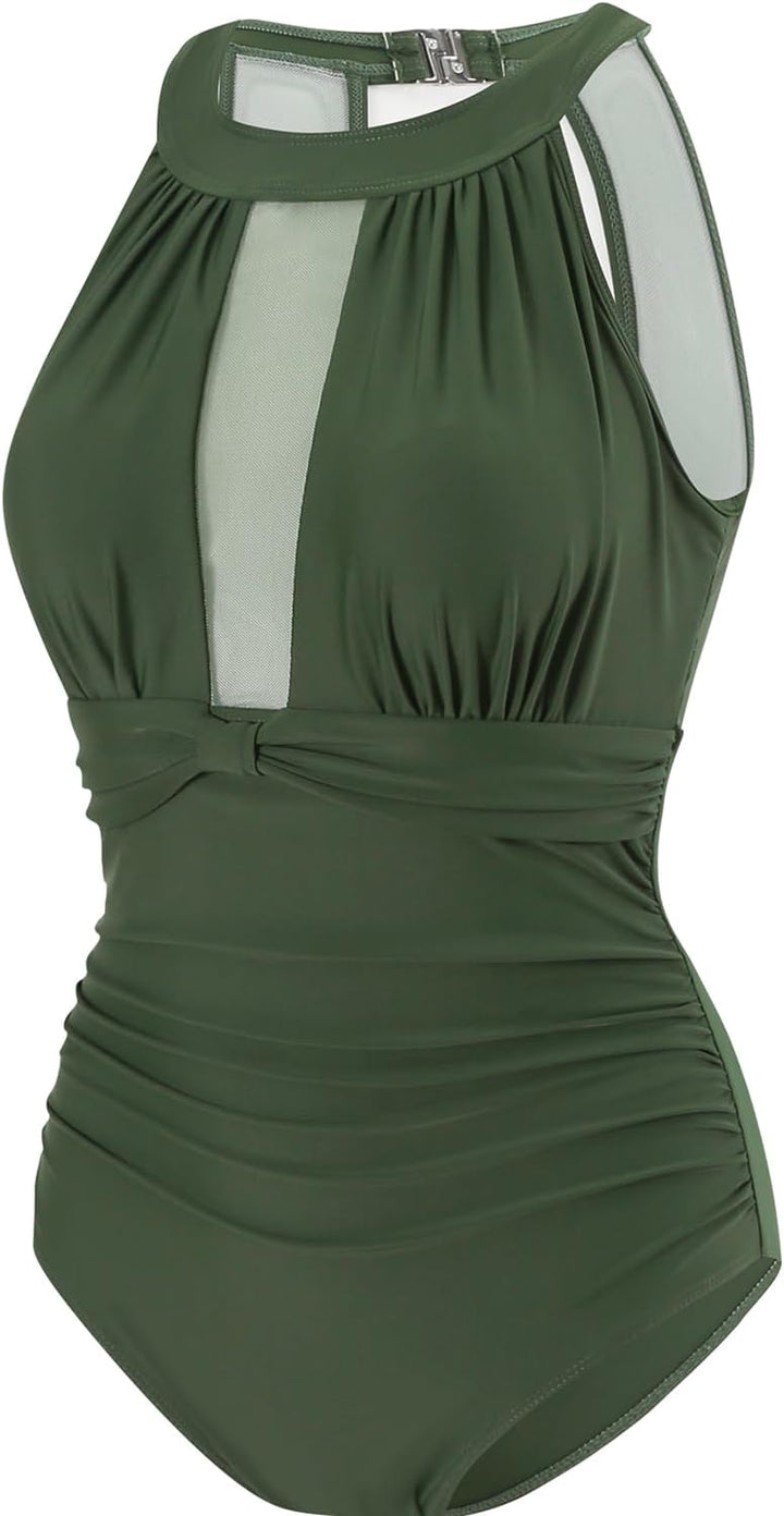 VILOREE Damen Schlankheits Badeanzug Raffung Einteiler High Neck Bademode Strandmode 3XL Grün, 3XL G