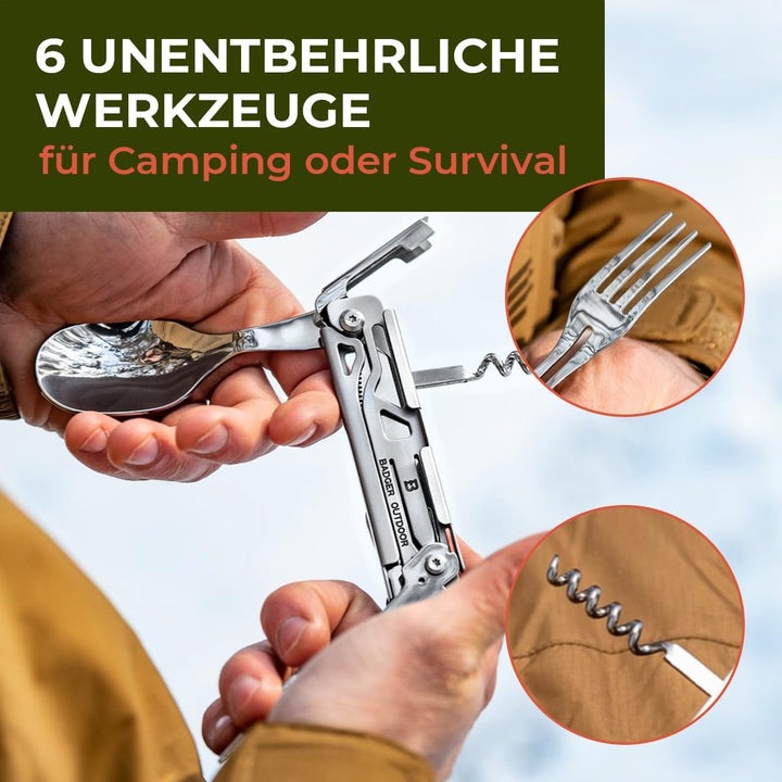 Badger Outdoor Paw 6in1 Multitool - Multifunktionsmesser aus Edelstahl - Camping-Besteck für Wandern