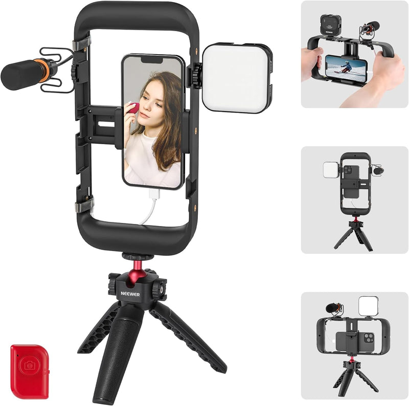 NEEWER Telefonstabilisator Video Rig Set für Videoaufzeichnung Vlogging, Telefonkäfig mit LED Videol