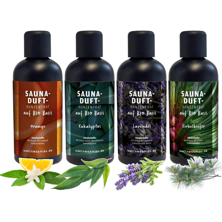 Wellnessmax Bio Saunaaufguss 4er Set Sauna Zubehör 4x100ml Sauna Aufguss. Mit unserem Wellnessmax 4e