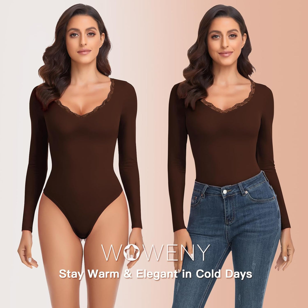 WOWENY Thermo Body Damen Langarm Elegant Langarmbody mit Spitze V-ausschnitt Fleece Bodysuit Warm Be