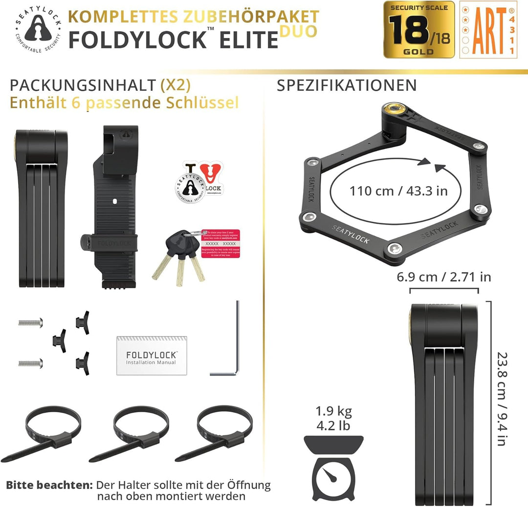 FoldyLock Elite 2x Fahrradschloss mit Schlüssel – Patentiertes Faltschloss Set mit Halterung - Tests