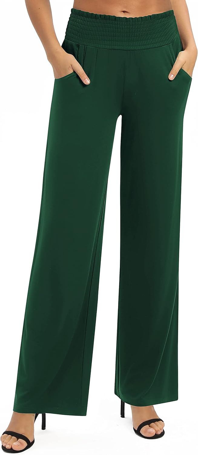 EXCHIC Damen Einfarbig Lose Gerade Geschnitten Palazzo Hose Hohe Taille Dehnbar Lounge Hose mit Tasc