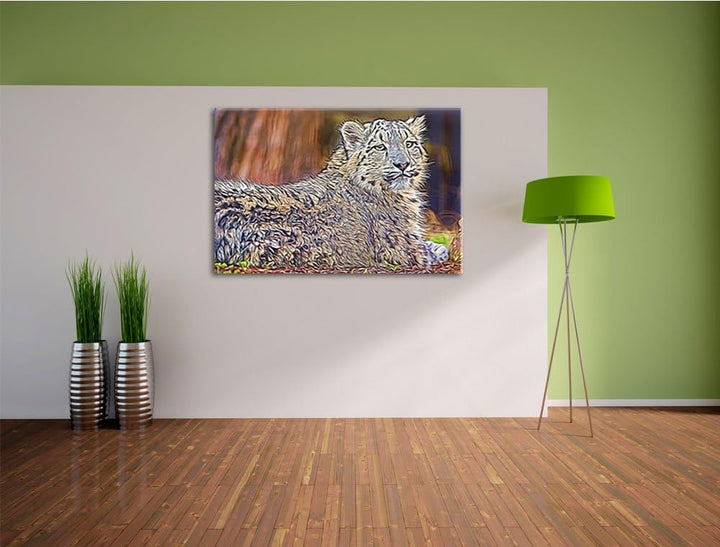 anmutiger Schneeleopard Deluxe Format: 100x70 cm auf Leinwand, XXL riesige Bilder fertig gerahmt mit