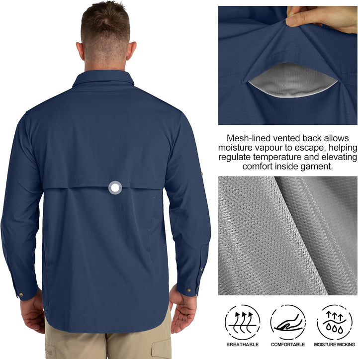 33,000ft Safari Hemd Herren Langarm Sportshemd UPF50+ UV Schutz Funktionshemd Atmungsaktiv Button-Do