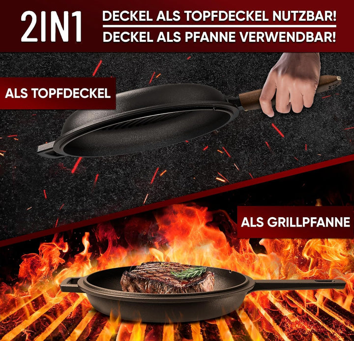 Dutch Oven - 2in1 Eingebrannter Gusseisen Topf 3L & Gusspfanne 1,5L-Cast Iron Pot mit Schmortopf Dop