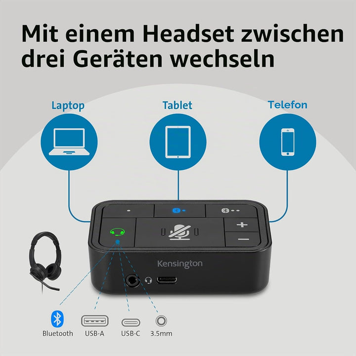 Kensington Universeller 3-in-1 Pro Audio Headset Switch, USB-Stromversorgung, Schnelles Wechseln zwi