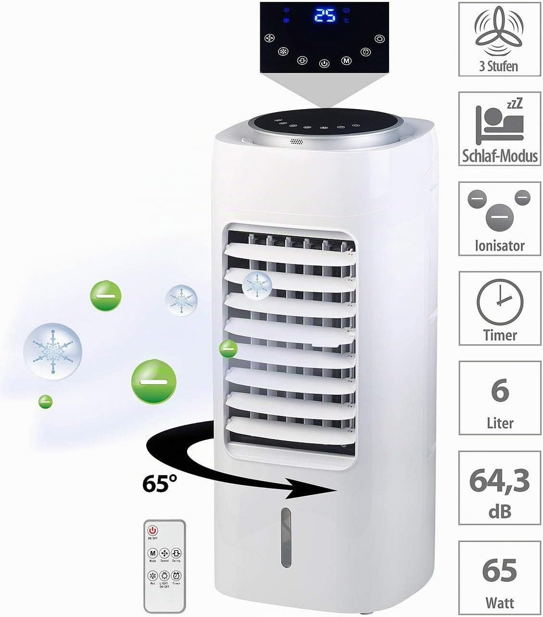 Sichler Haushaltsgeräte Ventilator mit Wasser: 3in1-Luftkühler, Luftbefeuchter, Ionisator, Touch, 6