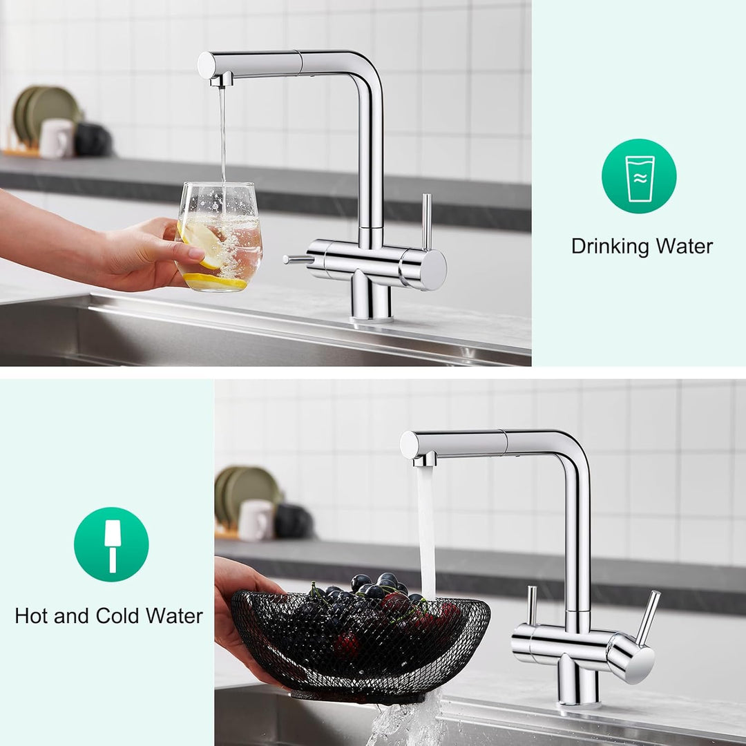 CREA 3 Wege Wasserhahn Küche mit Brause, 360° Drehbar Küchenarmatur, Drei Wege Mischbatterie für Was