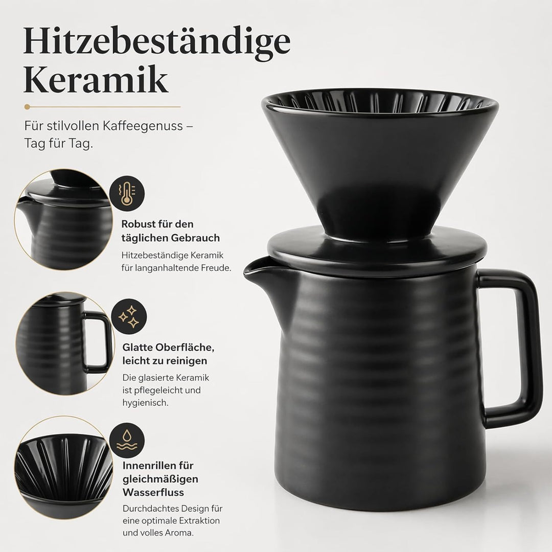 Keramik Kaffeebereiter Kaffeekanne mit Kaffeefilter - Handfilter Kaffee Set in Schwarz Hitzebeständi