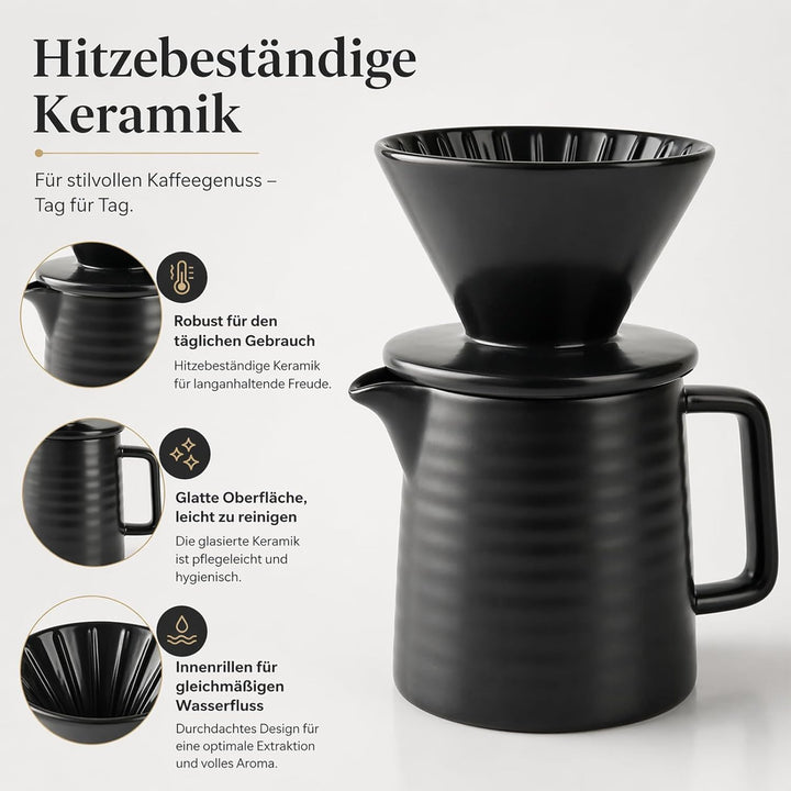 Keramik Kaffeebereiter Kaffeekanne mit Kaffeefilter - Handfilter Kaffee Set in Schwarz Hitzebeständi