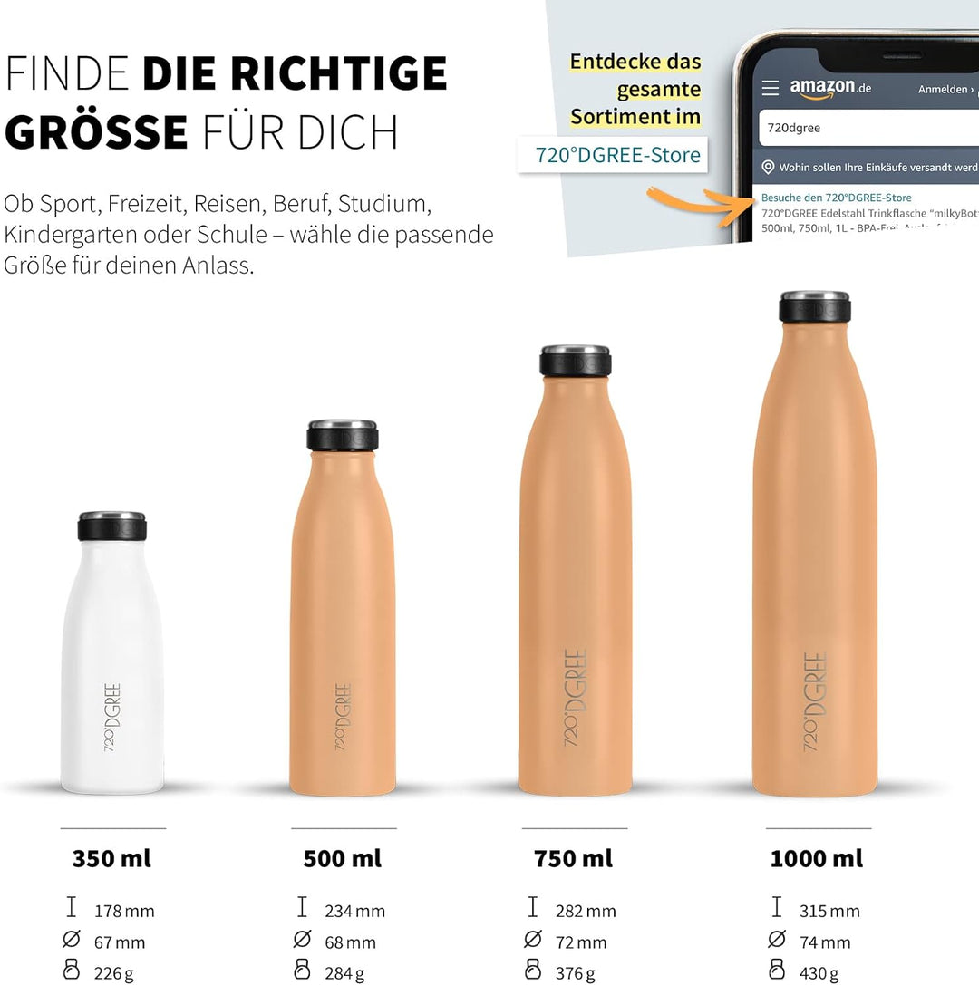 720°DGREE Edelstahl Trinkflasche “milkyBottle” - 750ml - BPA-Frei, Auslaufsicher, Kohlensäure geeign