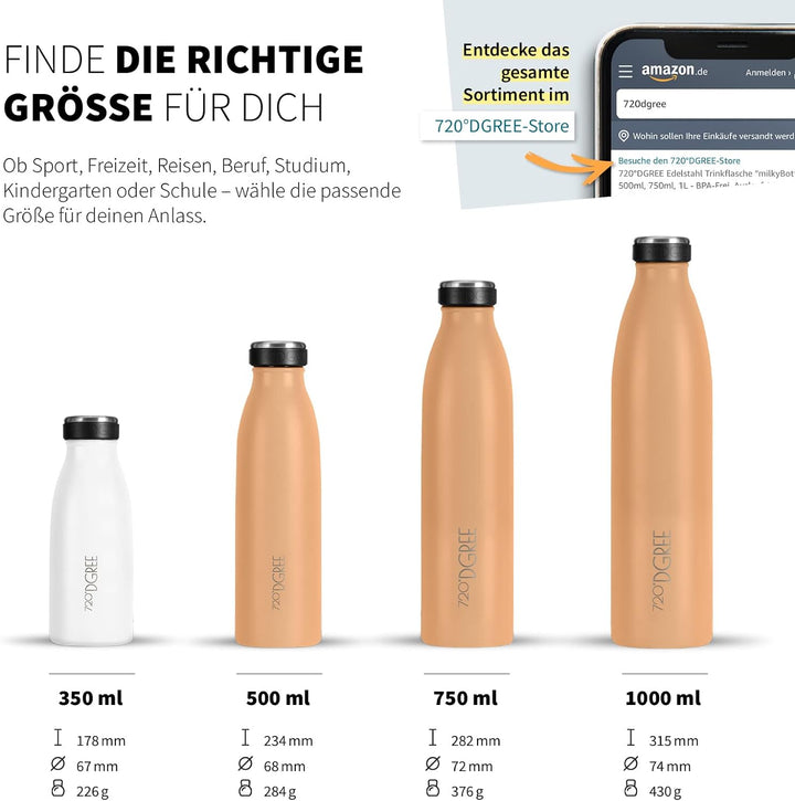 720°DGREE Edelstahl Trinkflasche “milkyBottle” - 750ml - BPA-Frei, Auslaufsicher, Kohlensäure geeign