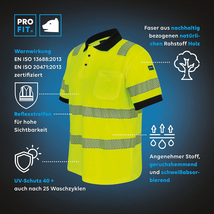 PRO FIT Warnschutz Poloshirt - EN ISO 20471 - UV-Schutz 40+ - Atmungsaktiv - Nachhaltiger Lyocellmix