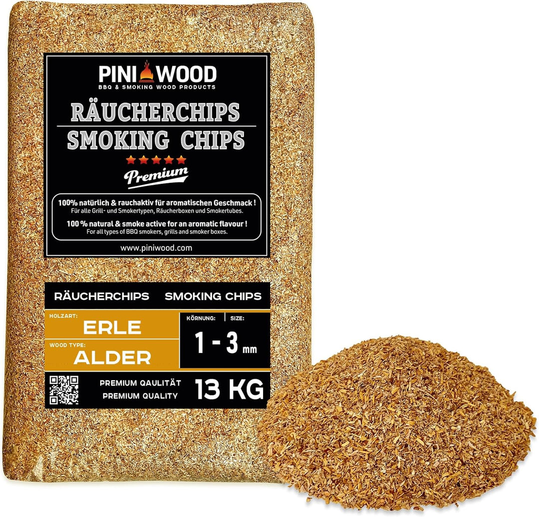 PINI 13 Kg Räucherchips Erle ohne Rinde 1-3 mm Smoking Chips Räucherspäne