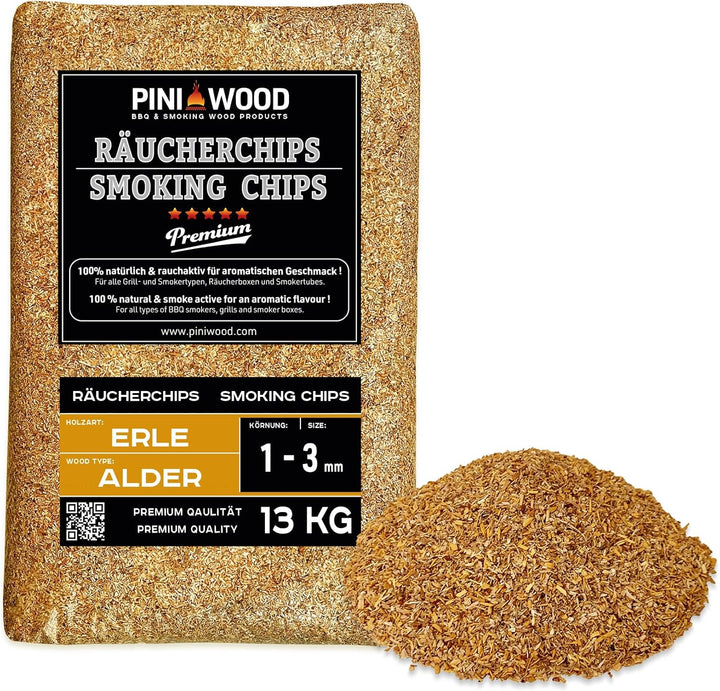 PINI 13 Kg Räucherchips Erle ohne Rinde 1-3 mm Smoking Chips Räucherspäne
