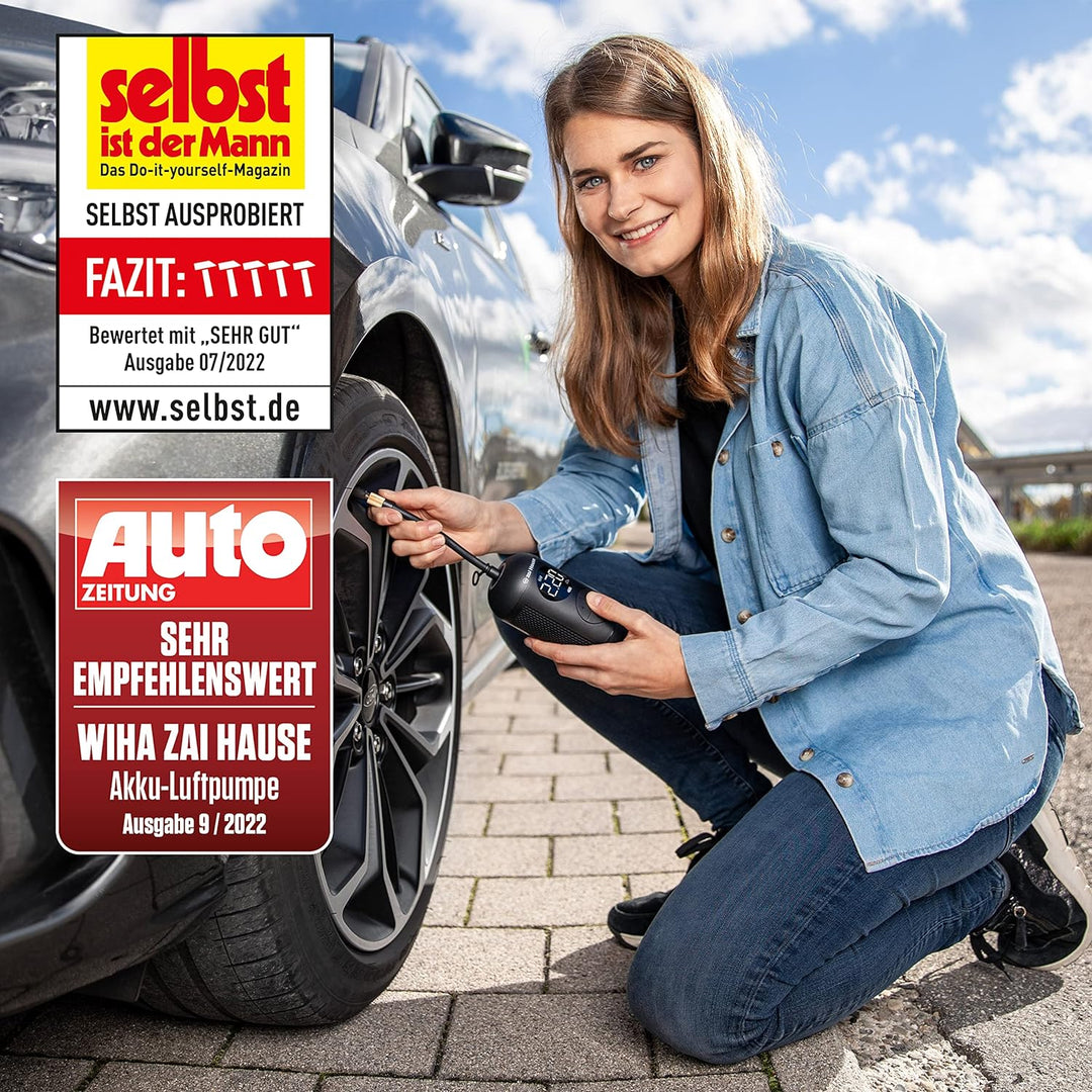 Wiha zai Hause Elektrische Luftpumpe für Fahrrad & Auto mit Akku 3,7 V inkl. Adaptern für Motorrad/B