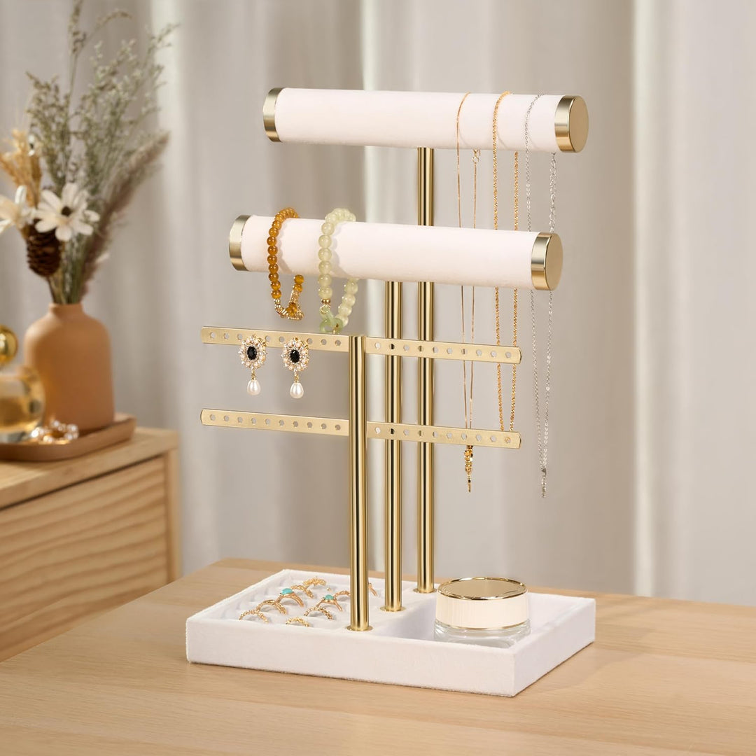Schmuck Organizer mit 3 Ebenen - Weiss Schmuckständer Armbänder, Abnehmbarer T-Steg Schmuck Ständer,
