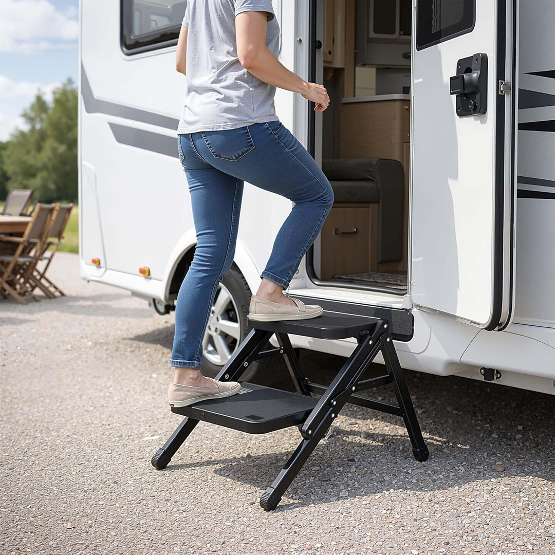 Wiltec Camping Doppeltrittstufe bis 200 kg, 2 Stufen Tritt aus Stahl, Trittleiter für Camping, Outdo