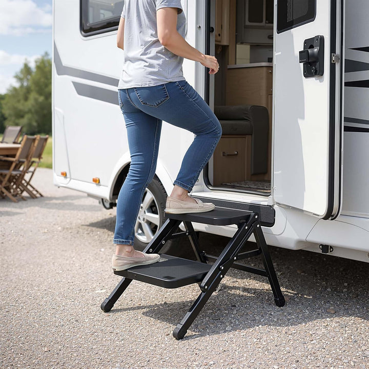 Wiltec Camping Doppeltrittstufe bis 200 kg, 2 Stufen Tritt aus Stahl, Trittleiter für Camping, Outdo