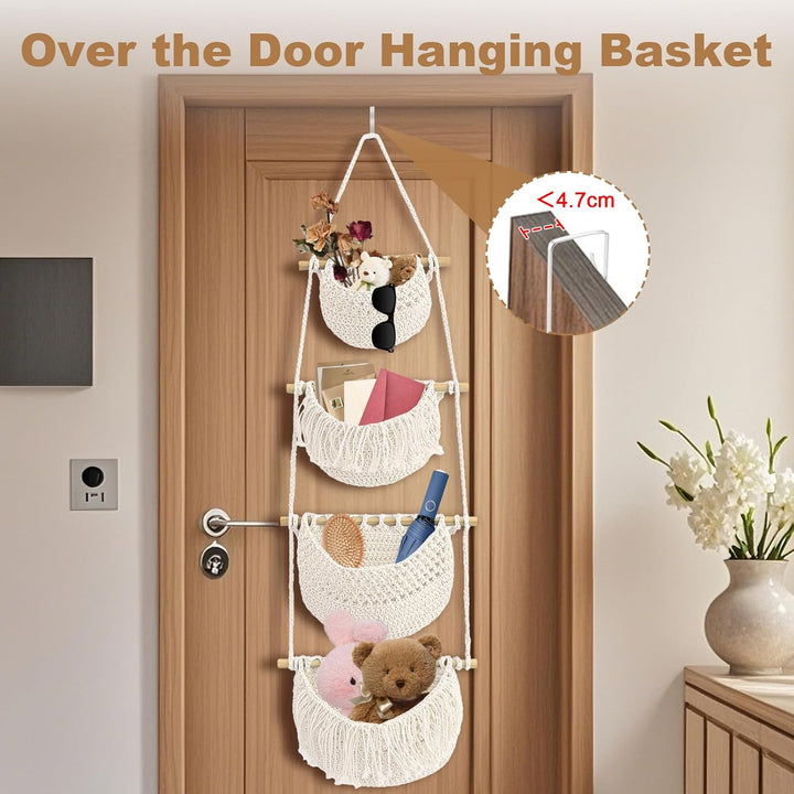 Yiomxhi 4 Stöckig Hängender Organizer Wand Hängekorb, Baumwollseil Hängeorganizer Tür Wandkorb mit 4