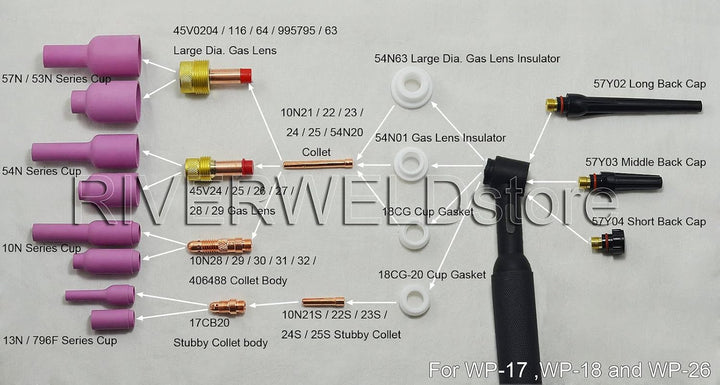 RIVERWELD TIG - Gasspiegel - Kollektorgehäuse 45V, 10N Aluminiumoxid - Düsen, Keramikkelche 54N Sort