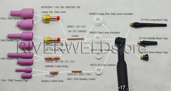 RIVERWELD TIG - Gasspiegel - Kollektorgehäuse 45V, 10N Aluminiumoxid - Düsen, Keramikkelche 54N Sort