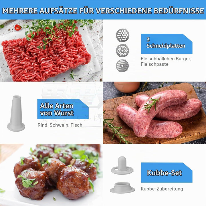 COOCHEER Profi Fleischwolf Elektrisch mit Wurstfüller &amp; Keksaufsatz | 2000W Wurstmaschine Hackfleisc
