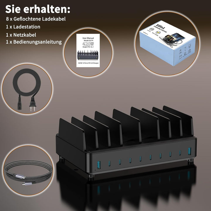 420W Ladestation Mehrere Geräte USB C Charging Station, GaN PD3.0 10 Anschlüsse Handy Ladestation De