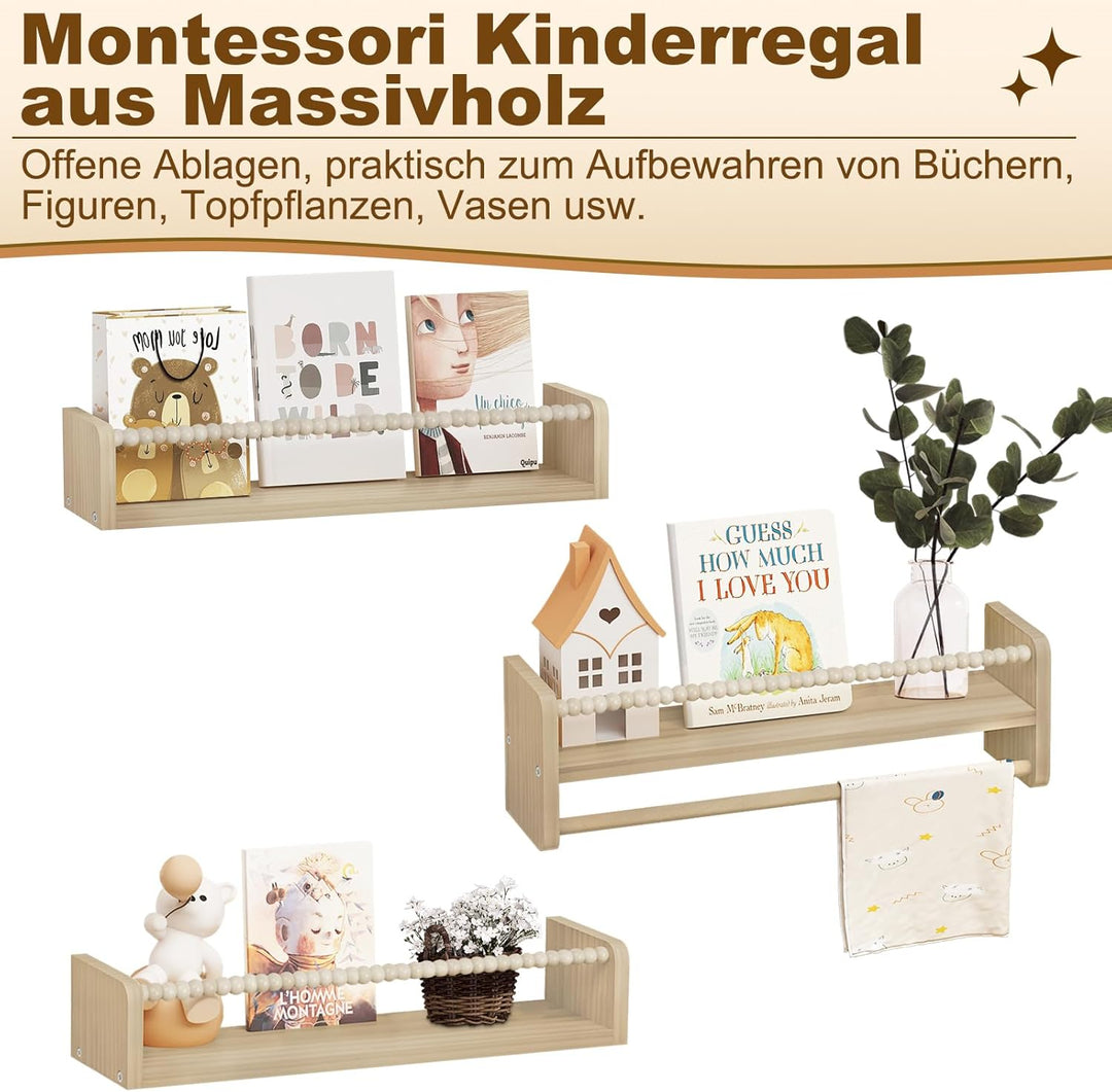 WOLTU 3er Set Kinder Bücherregal Wand, 50cm Wandregal Kinderzimmer, aus Massivholz, Hängeregal Schwe