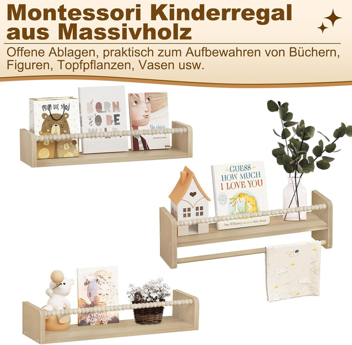 WOLTU 3er Set Kinder Bücherregal Wand, 50cm Wandregal Kinderzimmer, aus Massivholz, Hängeregal Schwe
