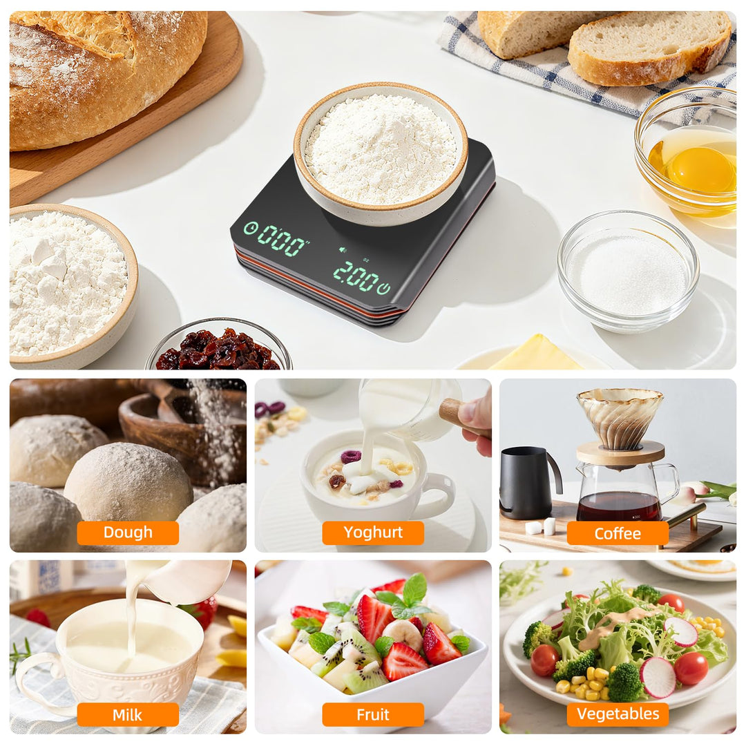 Carehabi Küchenwaage Digital mit Timer 0,1g Hochpräzisions Espressowaage 2KG Mini Kaffeewaage mit Si