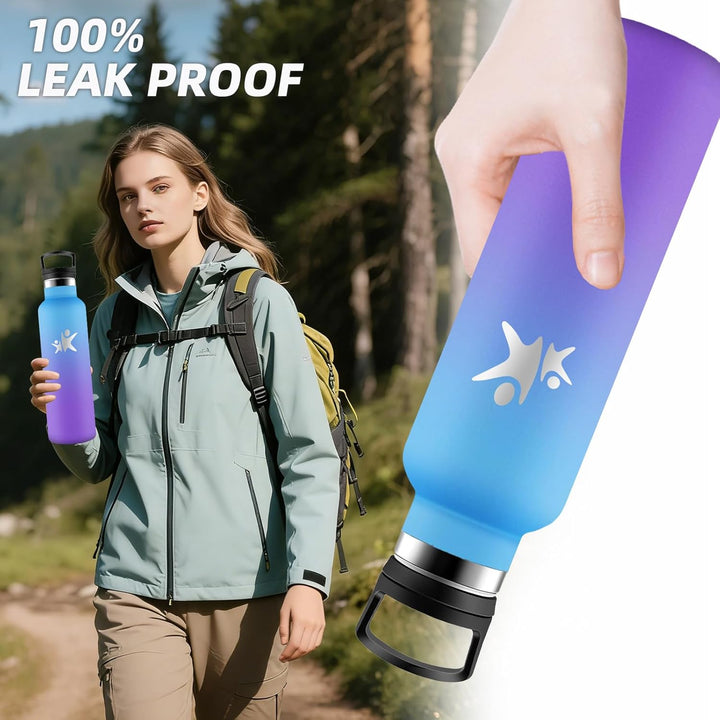 Trinkflasche Edelstahl, Sport Trinkflasche 1 liter, Thermosflasche Mit 2 Deckeln, Doppelwandige Vaku