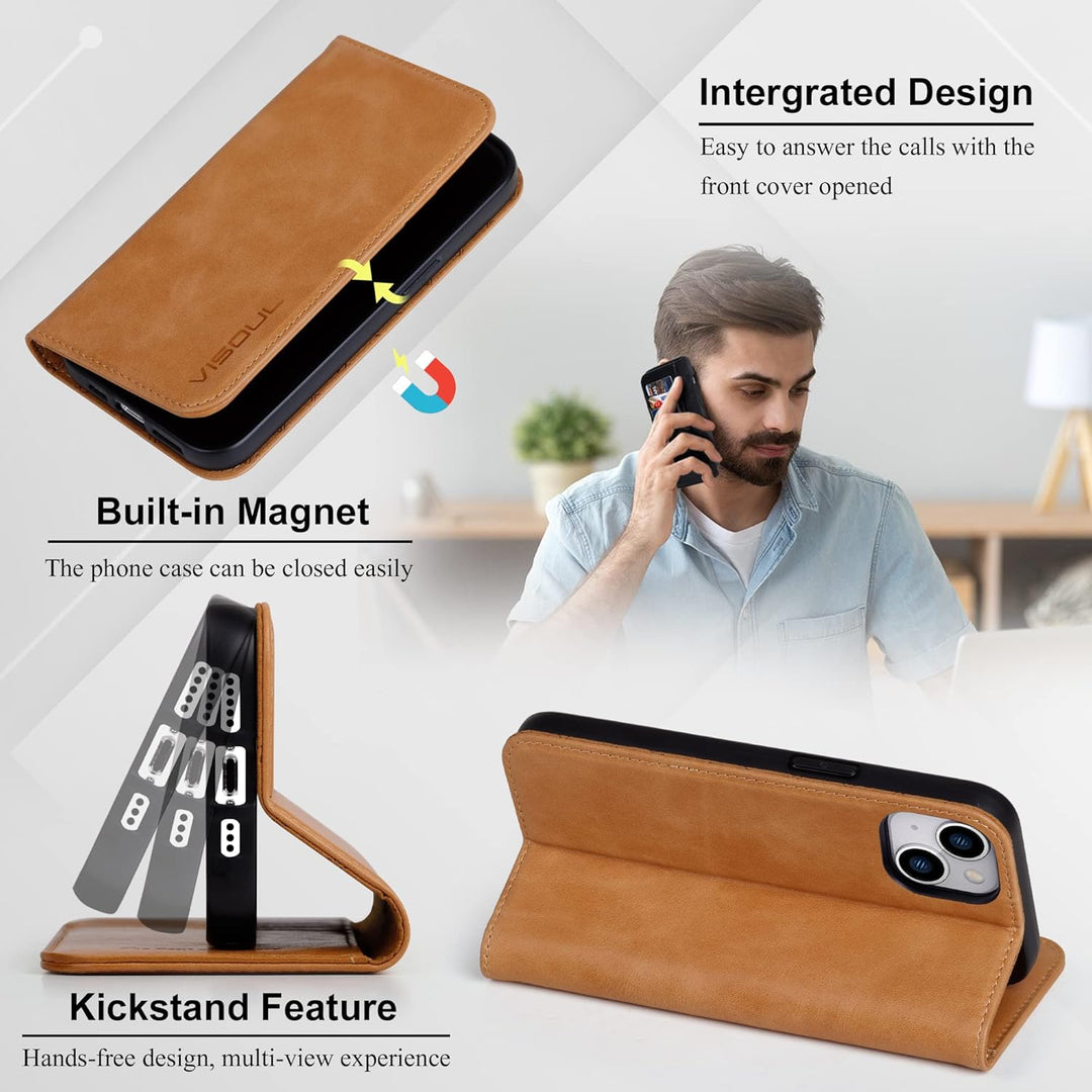 VISOUL Hülle für iPhone 15, Schutzhülle [Echt Leder] [Schützt vor Stoss] [Kartenfach] [Magnetverschl