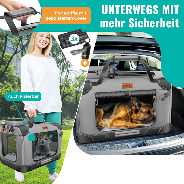 LOVPET® Transportbox Hund Katze Transporttasche XXL 92x64x64cm | Hunde-Tragetasche Faltbare Katzenta