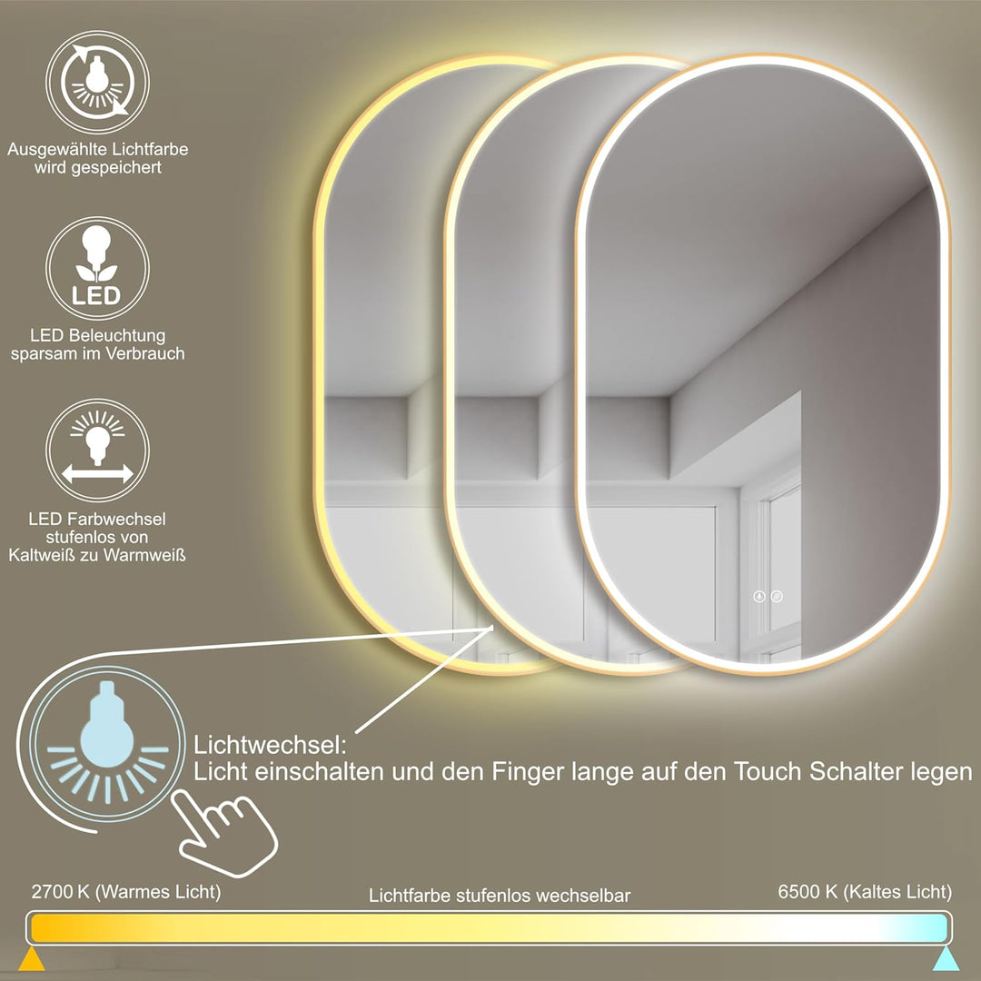 HOKO Badezimmerspiegel LED Oval 50x90 cm / 90x50 cm London mit Rahmen Gold, Anti-Beschlag, energiesp