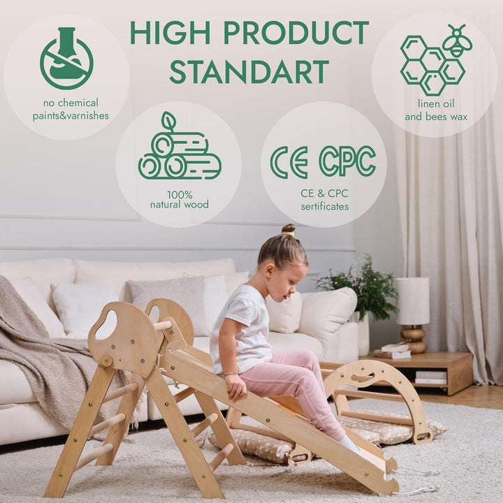 Goodevas 5-in-1 Montessori Klettergerüst Set: Indoor Kletterdreieck, Kletterbogen mit Kissen, und Ru