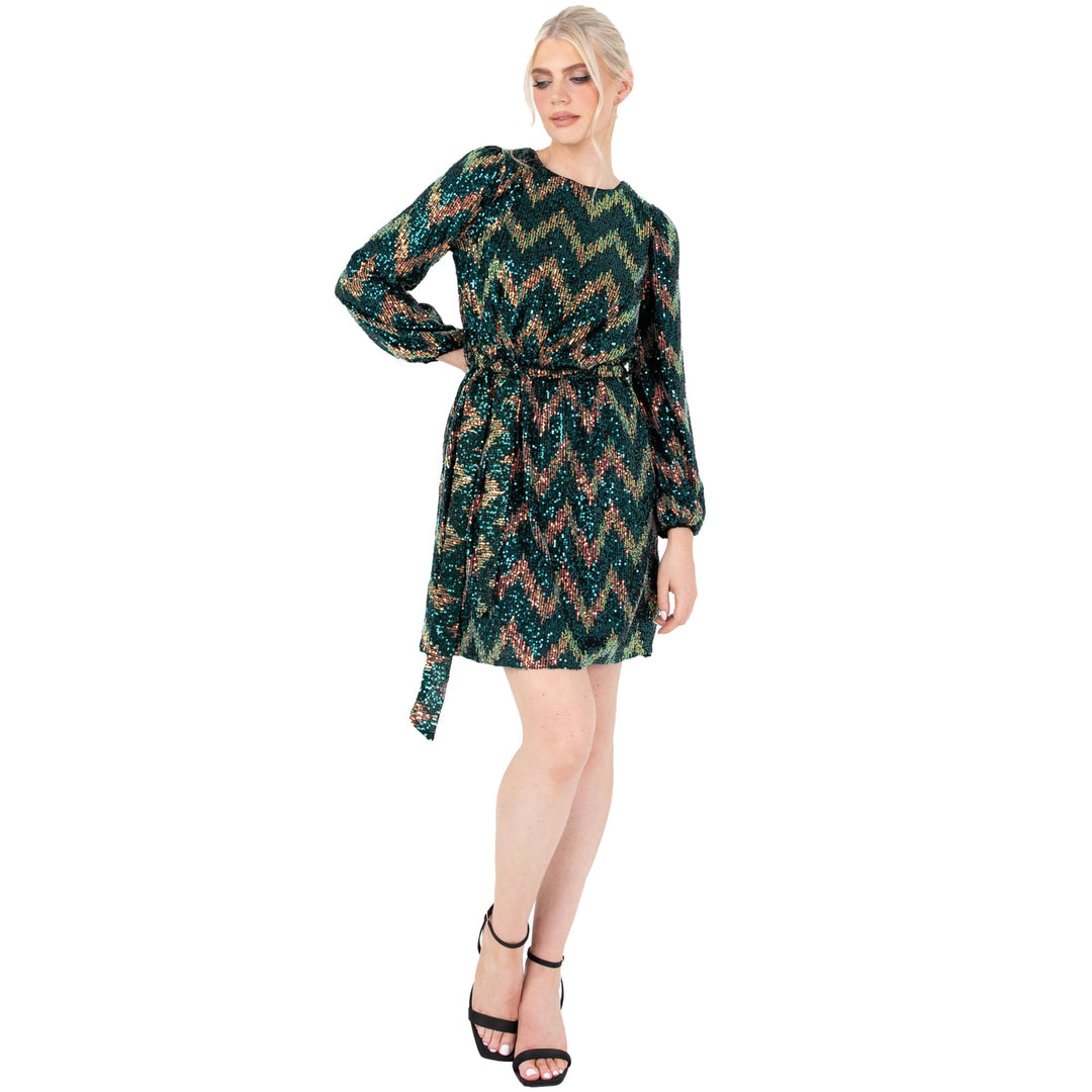 Women's Mini Dress Ladies Short Sequin Embellished Long Sleeve Round Neck Tie Belt Zig-Zag for Party