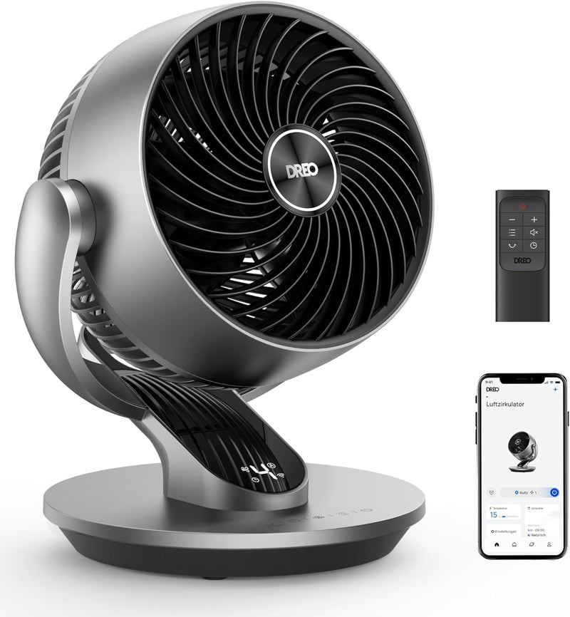Dreo 28dB Leiser Smart Tischventilator, 18cm Durchmesser 4 Geschwindigstufen 5 Modi 12H Timer 120°+9