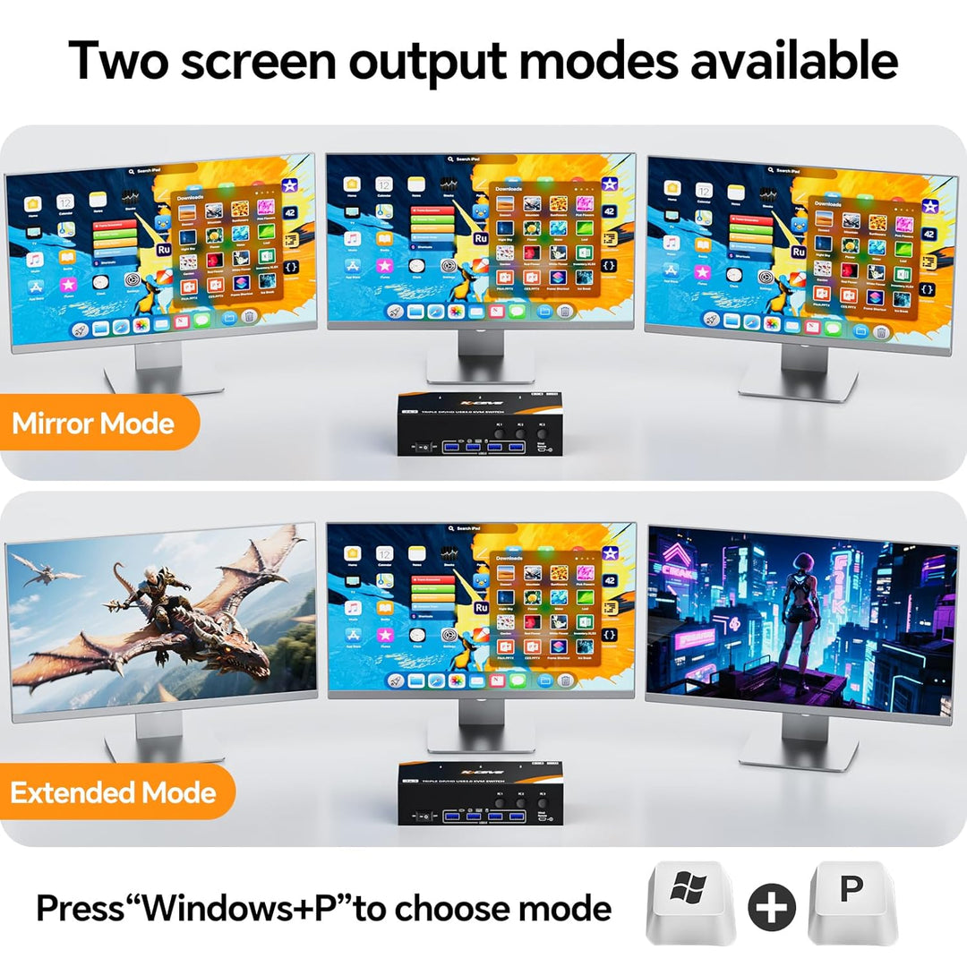 KVM Switch 3 PC 3 Monitore 8K@60Hz / 4K@144Hz, Displayport 1.4 HDMI 2.1 USB 3.0 KVM Switch Triple Mo