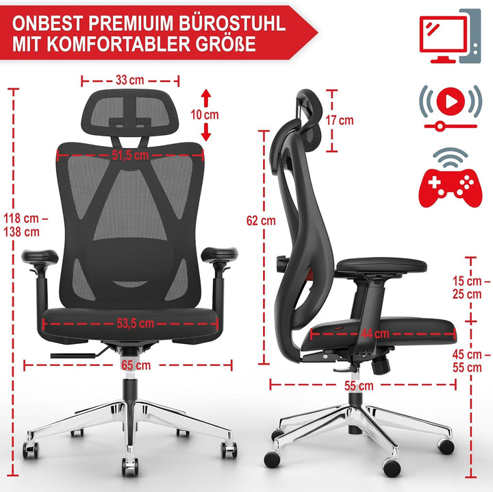 Onbest ergonomischer Premium Bürostuhl – individuell ergonomisch verstellbare Lordosenstütze, Kopfst