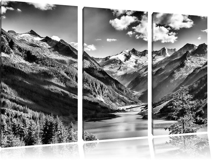 Pixxprint Monocrome, See an Bergen 3-Teiler Leinwandbild 120x80 Bild auf Leinwand